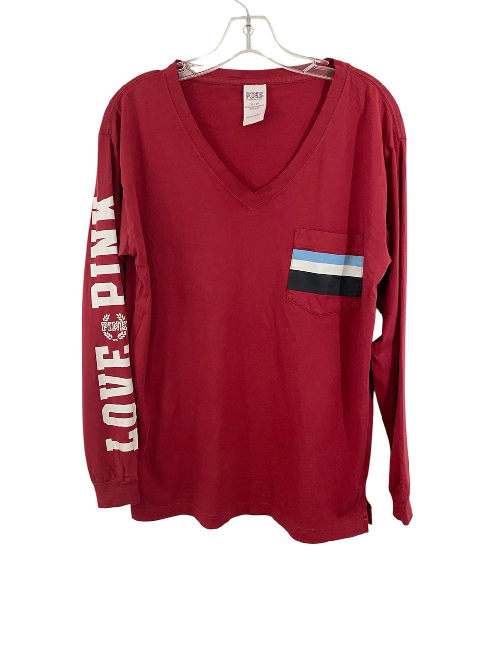 PINK Victoria’s Secret Long Sleeve V-Neck Pocket Tee Red Graphic XS